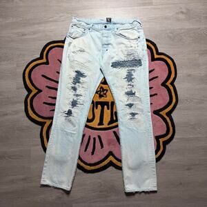 PRPS Demon Slim Fit Distressed Patchwork Repaired Denim Jeans Size 38 Light Blue